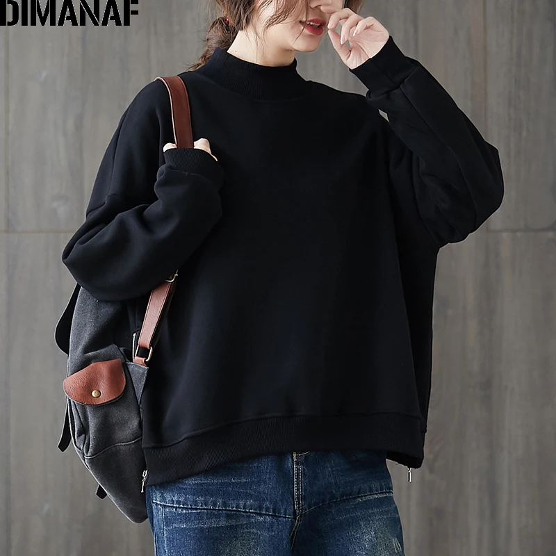 

DIMANAF Plus Size Women Hoodies Sweatshirts Pullover Lady Tops Shirt Autumn Winter Cotton Thick Warm Loose Solid Clothing 2021