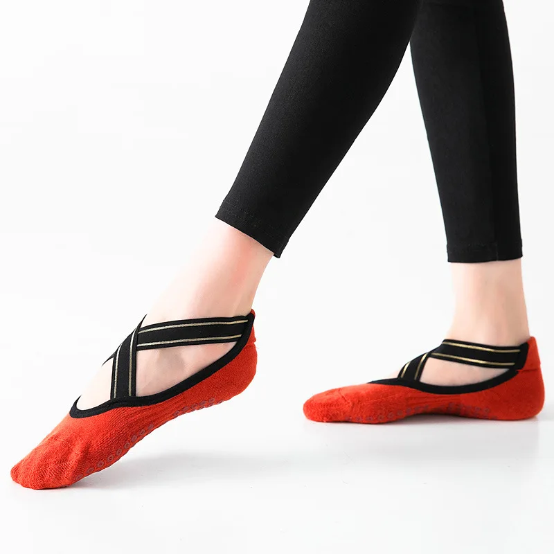 

Gold Lines Cross Strap Yoga Socks Combed Cotton Wrap Heel Towel Bottom Dance Pantyhose Non-Slip Indoor Fitness Room Socks