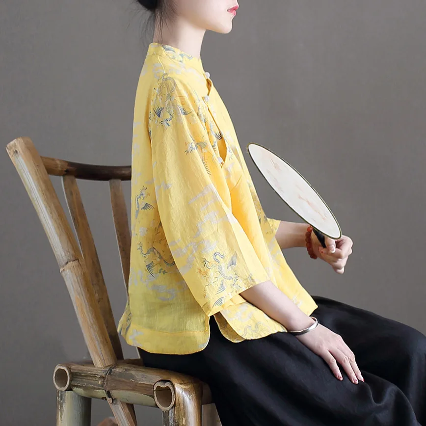 Women Loose Ramie Printed Shirt Tops Ladies Print Ramie Blouse Female 2020 Summer Ramie Stand Collar Shirts 4