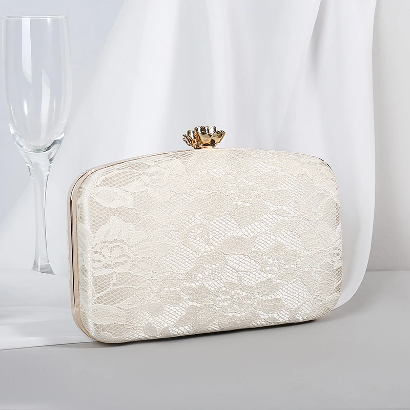 2022 Female Bag Lace Evening Clutch Purse Handbags Luxury Designer Metal Rose Button Shoulder Bag Chain Bride Wallet