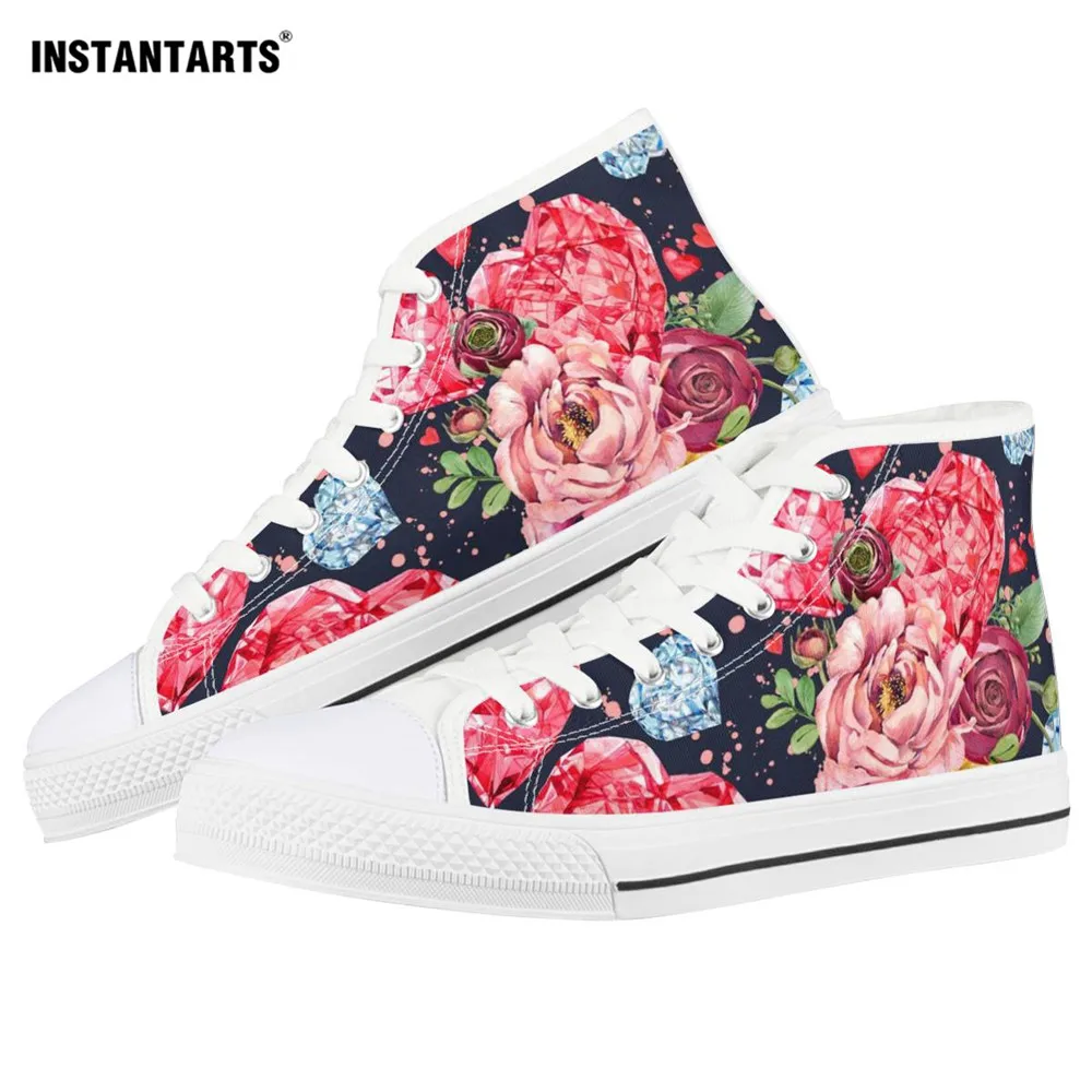 

INSTANTARTS Colorful Flower Pattern Woman High Top Canvas Vulcanize Shoes Spring Comfor Sneakers Woman Rose Printed Flats Shoes