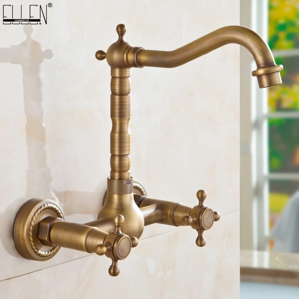 Vidric Wall Mounted Kitchen Sink Faucet Dual Handle Antique Brass Bronze Hot and Cold Swivel Kitchen Faucets EL1310