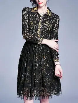 

New Arrival Vintage Printed Trim Runway Lace Dress Women Luxury Hit Color Long Sleeve Pleated Dress Office Ladies Midi Dress