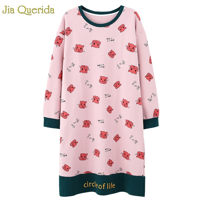 Ночная рубашка из хлопка с длинными рукавами; осеннее Ночное платье; Kawaii; розовая ночная рубашка с рисунком; большие размерная рубашка для