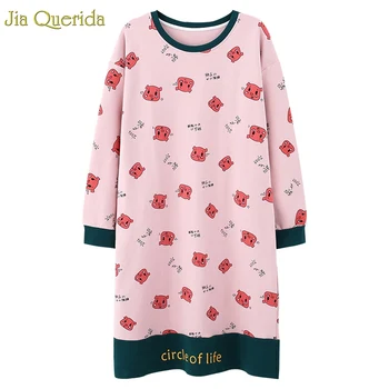 

Nighty Sleeping Dress Cotton Long Sleeve Autumn Night Gown Kawaii Pink Cartoon Printing Night Shirt Plus Size Sleepshirts Women