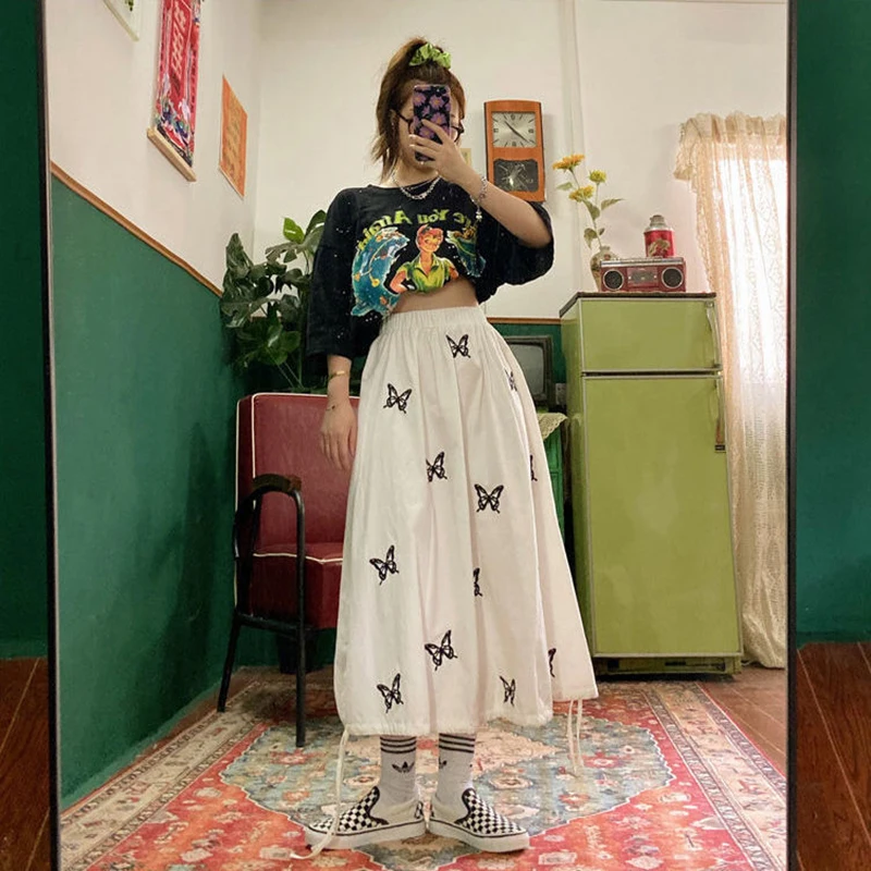 

Street Hip Hop A-line Skirts Vintage Butterfly Print Cargo Skirt Japanese Thin Girl Mid-length Skirt For S-2XL