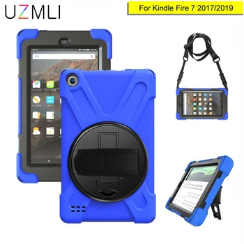 

360 Rotatable Kids Heavy Duty Hybrid Case For Amazon Kindle Fire HD 7 2017/2019 with Hand Shoulder Strap Shockproof Armor Cover