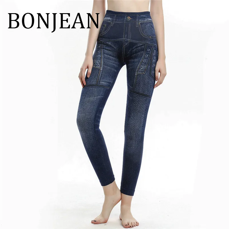

BONJEAN 2019 Print Leggings for Women High Waist Slim Pants Stretchy Imitation Denim Legging Ankle-Length Leggings BJ1821