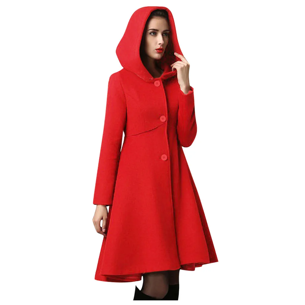 Красный Зимнее женское пальто manteau femme, накидка с капюшоном, элегантное женское Шерстяное Пальто с карманами на талии, abrigo mujer casaco feminino - Цвет: Красный