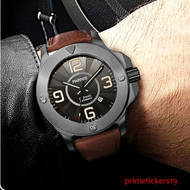 

PVD coated watch case PARNIS 47mm black dial sapphire glass automatic movement date men's watch 257