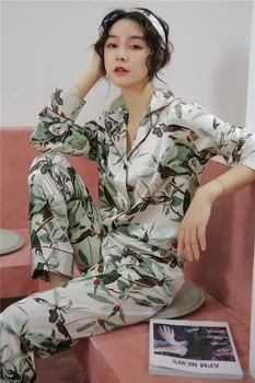 

Women Satin Faux Silk Pajamas Sets Spring Autumn Winter Long Sleeve Sleepwear Printing Pajamas For Woman 2 Pieces Homewear