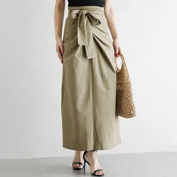 

Plain Linen Skirt Women Summer Ankle-Length Sashes Layered High Waist Korean Female Split Straight Skirt Minimalist
