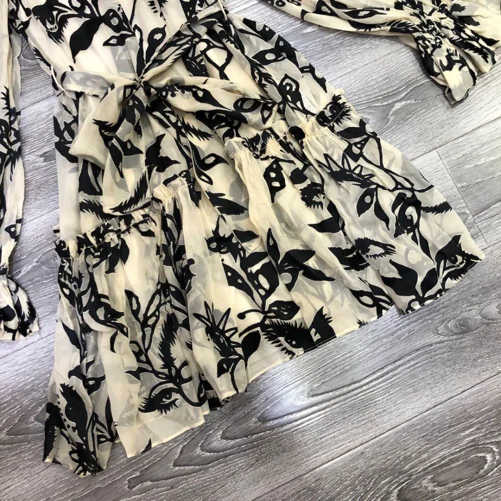 2020 Autumn New Black Printed Half High Neck Velvet Lace Long Sleeve Women Dress