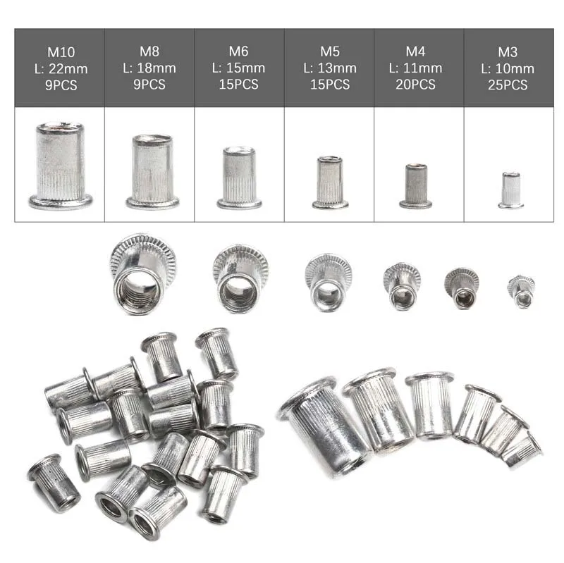 90/93Pcs Алюминиевая заклепочная гайка M3 M4 M5 M6 M8 M10 Алюминий сплав Rivnut плоской головкой заклепки с резьбой вставка из нержавеющей стали Nutsert Кепки заклепочная гайка