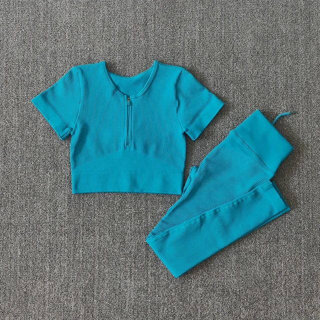 Seamless Women Yoga Set Workout Sportswear Gym Clothing Zipper Long Sleeve High Waist Leggings Fitness Bra Athletic Sports Suits LightBlue