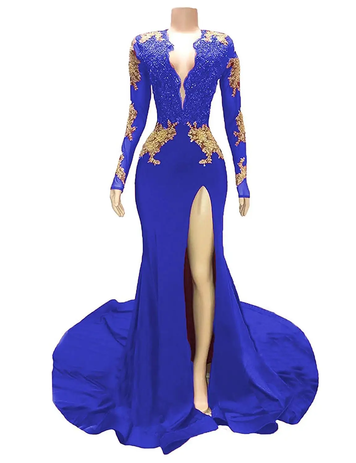 Royal blue Бордовые африканские черные платья русалки для выпускного вечера для девочек кружевное расшитое бисером сексуальное сатиновое вечернее платье с длинным рукавом и открытой спиной vestido de festa - Цвет: Royal blue