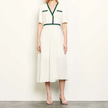 

Two Color Patchwork V-neck Pleated Midi Dress Short Sleeve Color Matching Buttons Spring Summer Lady Dresses New