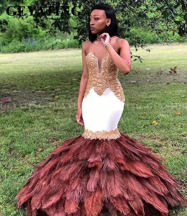 Роскошные перья юбка Русалка африканские платья для выпускного вечера с золотыми кружевными аппликациями длинного размера плюс платье для выпускного торжественное вечернее платье - Цвет: Same as picture