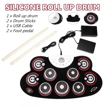 

Electronic Hand Roll Drum USB Percussion Instrument Set Silicone Foldable Drum Pad Kit with DrumSticks Foot Pedal