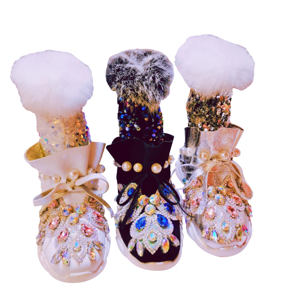 

Real Rabbit Fur Winter Boots Women Glitter Rhinestones Platform Sneaker Booties Pearls Crystal Thick Sole Shoes Woman Snow Boots