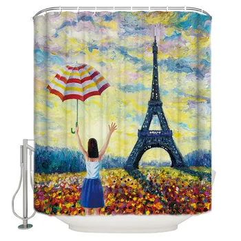 

Oil Painting Style Eiffel Tower Girl Umbrella Shower Curtain Waterproof and Mildewproof Polyester Fabric Bath Curtain Design