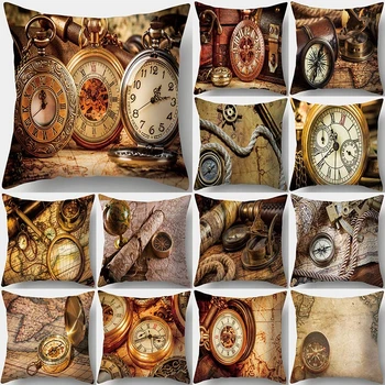 

Retro Compass Clock Pattern Decorative Cushion Pillowcase Polyester Cushion Cover Throw Pillow Sofa Decoration Pillowcover 40954