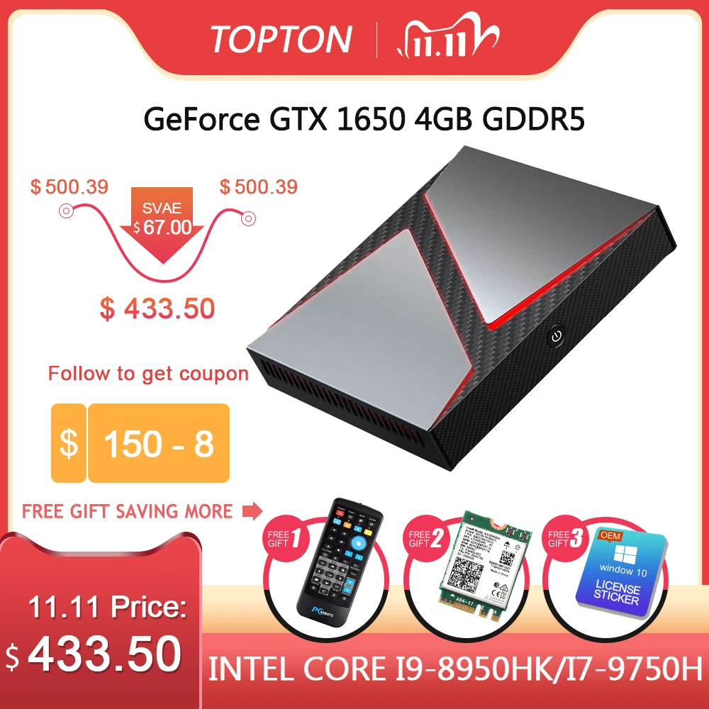 Игровой мини ПК TOPTON Intel Core i9 9980HK i7 9750H i5 9300H Nvidia GTX 1650 4 ГБ 2 * DDR4 64 Гб Windows 10 4K DP HDMI AC