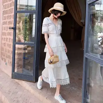 

Luxury White Party Dress 2020Self Portrait Dress Ladies V Neck Short Sleeve Pleated Cake Boho Dresses Women Vestidos Jurken B054