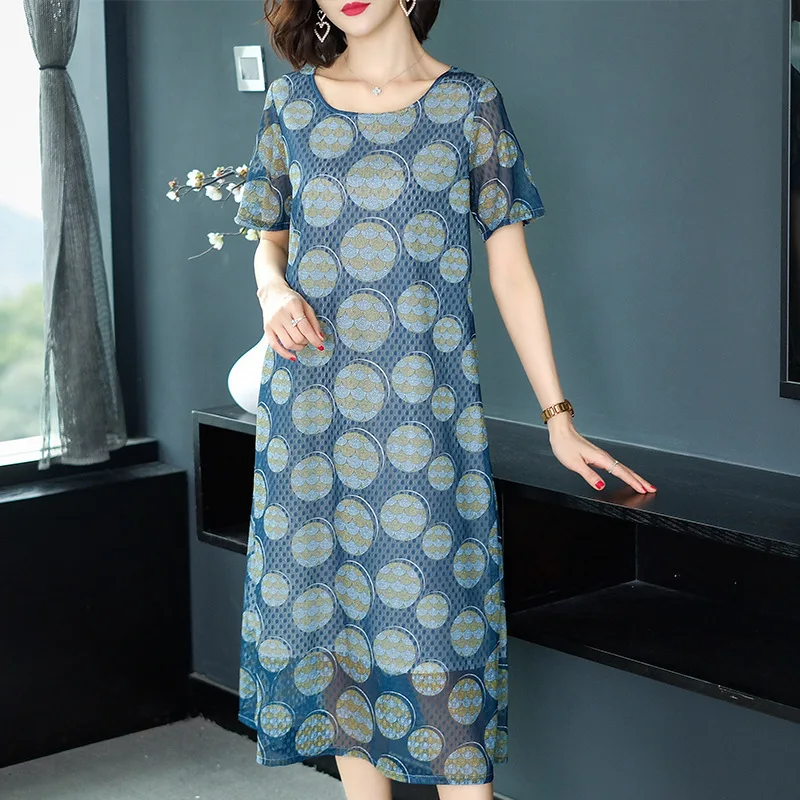 

2019 Summer Wear New Style Women's Mid-length Fashion Lace Floral Printed Dress Large Size Belly Covering A- line Skirt