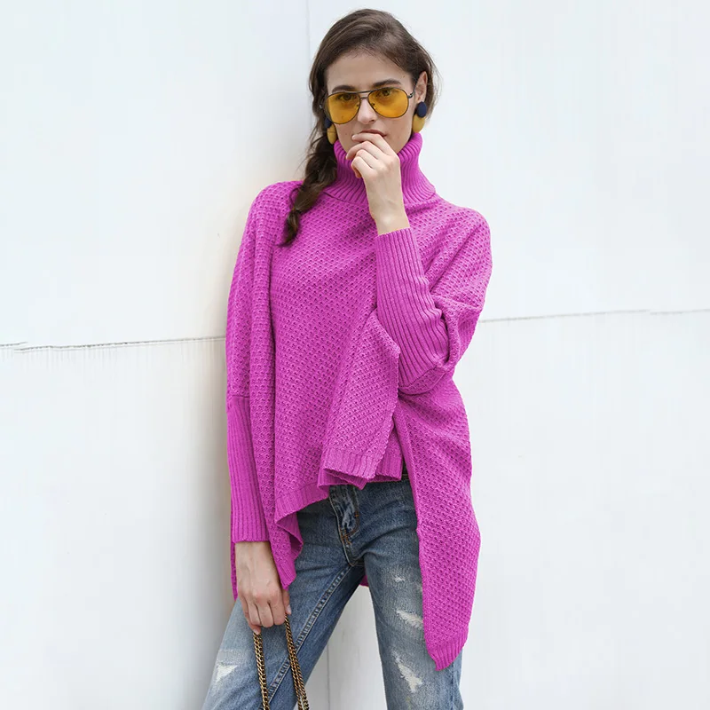 Rose Knit Sweater Women Knitted Sweater Turtleneck Pullover Long Sleeve Split Irregular Solid Loose Jumper female Knitwear Pink Black - Цвет: Rose