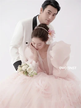 Dvotinst Women Photography Props Elegant Wedding Dress Puff Sleeve Tutu Pink Korean Formal Dresses Studio Shooting Photo Clothes 4