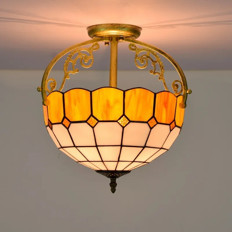 

30cm European Mediterranean yellow stained glass dining room bedroom corridor bathroom glass semi ceiling lamp