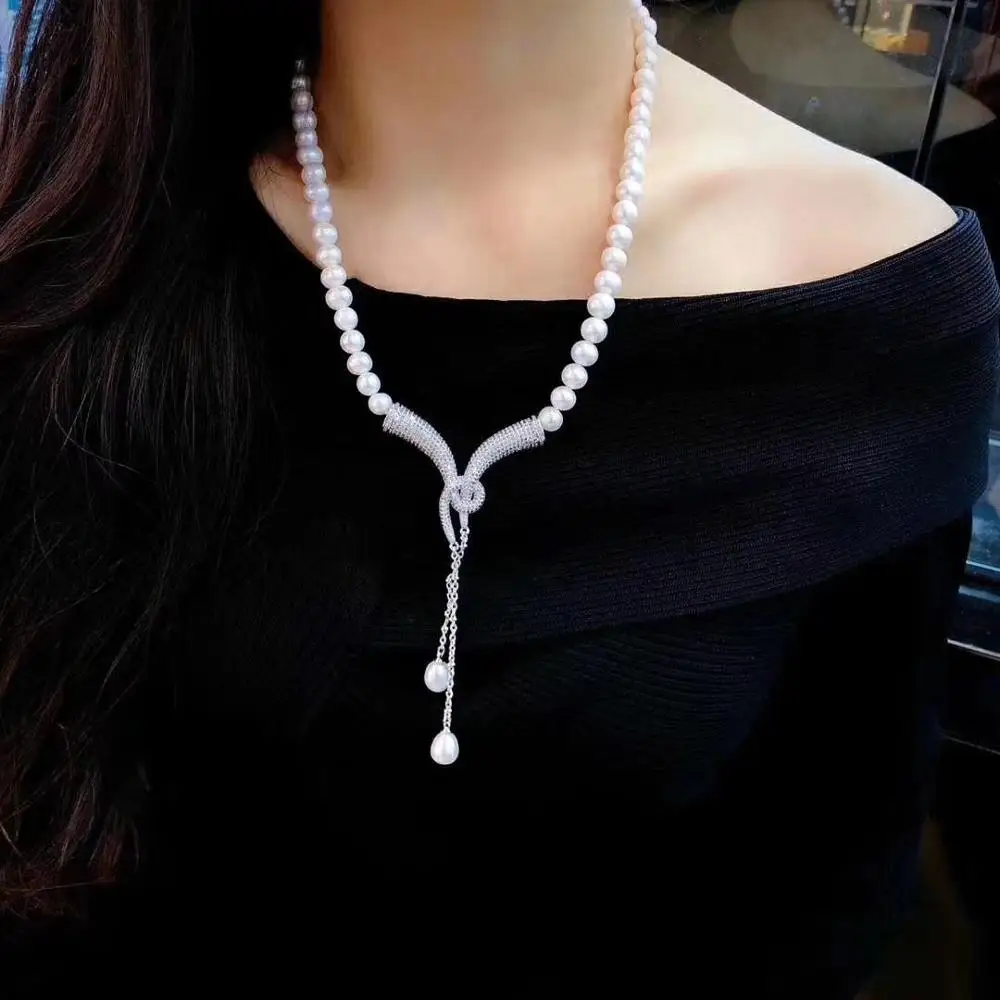 Y shape zircon pendant pearl necklace 