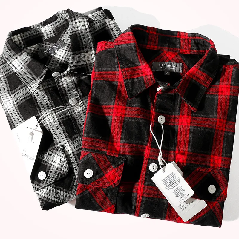 

Loose Plaid Shirt Men's Long Sleeve Jacket Japanese Retro Fashionable Cotton Frosted Black and White Plaid Work Shirt for Men