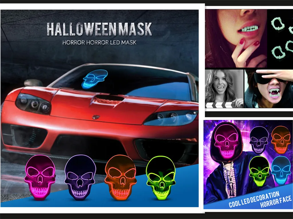 

Scary Skeleton LED Mask Glow & Vampire Luminous Fake Teeth Set Halloween Mask Masquerade Party Bar Night Light Up Cosplay Masks