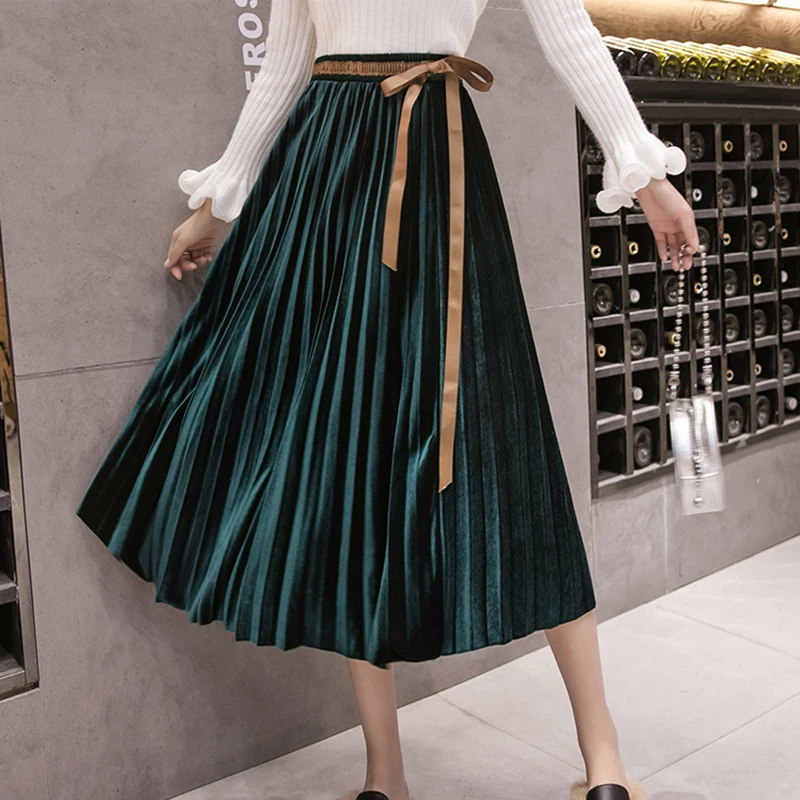 Women Skirt Long Pleated Skirts Autumn Winter High Waisted Skinny Female Velvet Skirt Pleated Skirts Pleated Skirt Free Shipping