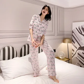 

European and American imitated SILK PAJAMA women's long sleeve two piece leisure ins silk printing new home clothes in spring an