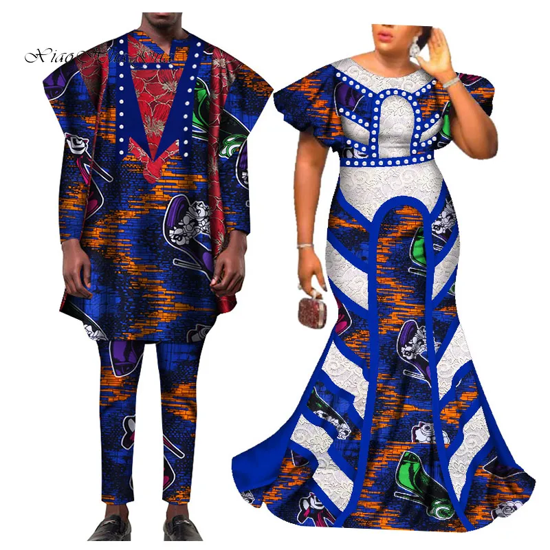 Африканская одежда африканские платья для женщин Базен рубашка и брюки мужские комплекты из 3 предметов одежда для влюбленных пар платье с принтом WYQ423