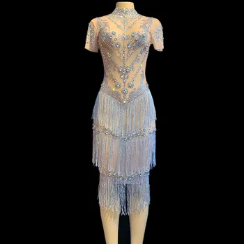 

Light Blue Rhinestone Tassel Women's Slim Dress Singer Shower Stage Performance Clothing Nightclub Women Mesh Perspective Wear