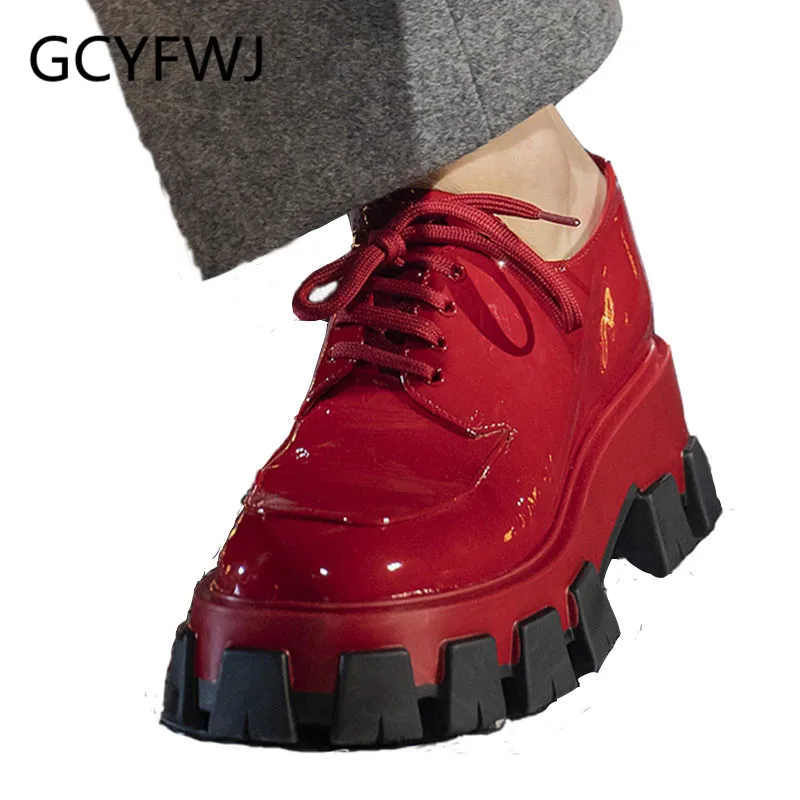 

GCYFWJ British Style Loafer Shoes Woman Round Toe Lace Up Red Green Thick Bottom Black Leather Shoes Woman Fashion Casual Shoes