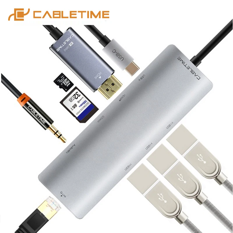 

Cabletime USB C HUB HDMI RJ45 AUX 3.5mm Adapter 9 in 1 Type C USB 3.0 HUB SD TF Card Reader Ethernet for Laptop PC Macbook Air