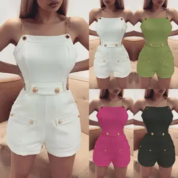 

2019 Fashion Women's Polyseter Solid Color Sleeveless Button Short Playsuit Bodycon Casual Party Clubwear New Style