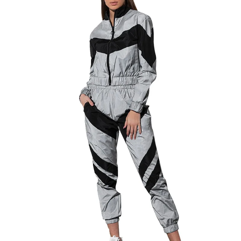 black SFIT женские спортивные костюмы комплект из 2 предметов светоотражающий укороченный топ на молнии брюки Модные женские свободные куртки пальто брюки плюс - Цвет: black
