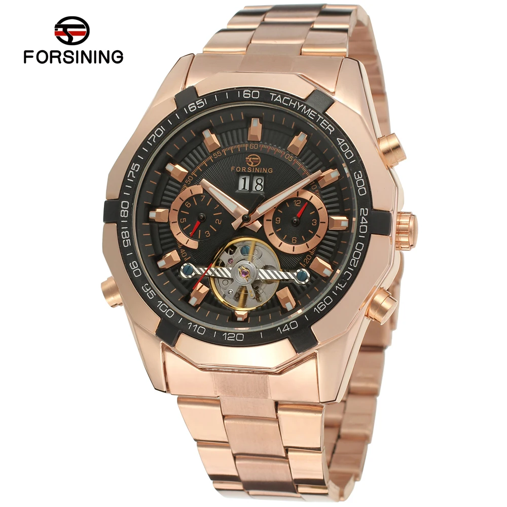 Forsining мужские часы автоматические механические часы мужские s Tourbillon золотые наручные часы из нержавеющей стали для мужчин Relogio Masculino - Цвет: rosegold black