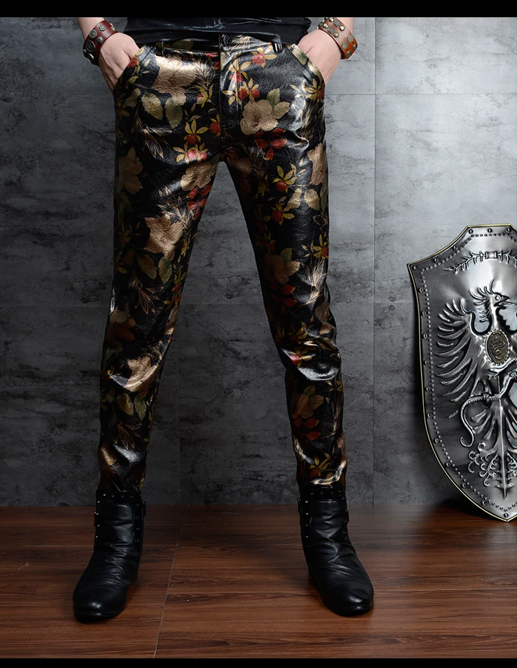 Floral Printed PU Skinny Leather Pants 