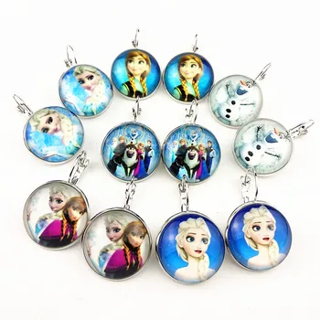 

24pairs cartoon movie protagonist Princess Elsa Anna silver earrings Glass Round Dome Drop Earrings for girls party gift
