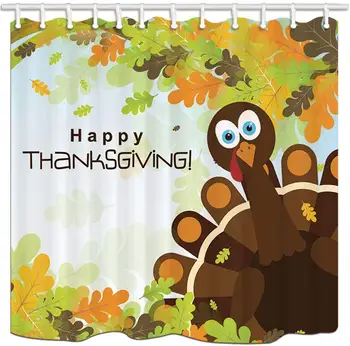 

Thanksgiving Cartoon Turkey and Autumn Leaves Shower Curtain for Bathroom Decor