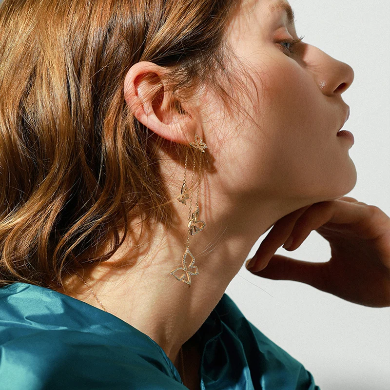

Vintage Gold Color Asymmetrical Butterfly Long Earrings Fashion Crystal Insect Women Dangle Earrings Drop Shipping