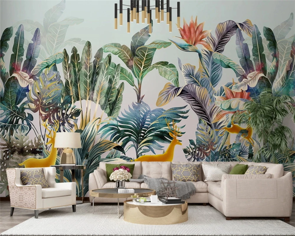 beibehang papier peint Custom hand-painted fashion Nordic tropical plant elk light luxury small fresh background wallpaper | Обустройство