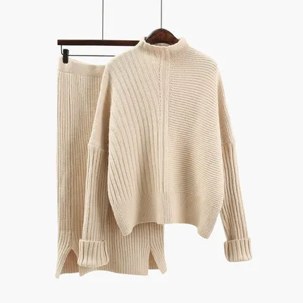 2019 Women Wool Knitted suit soft warm Spring autumn Suit Female pullover sweater &amp Skirt 2 piece set Beige Blue Khaki | Женская